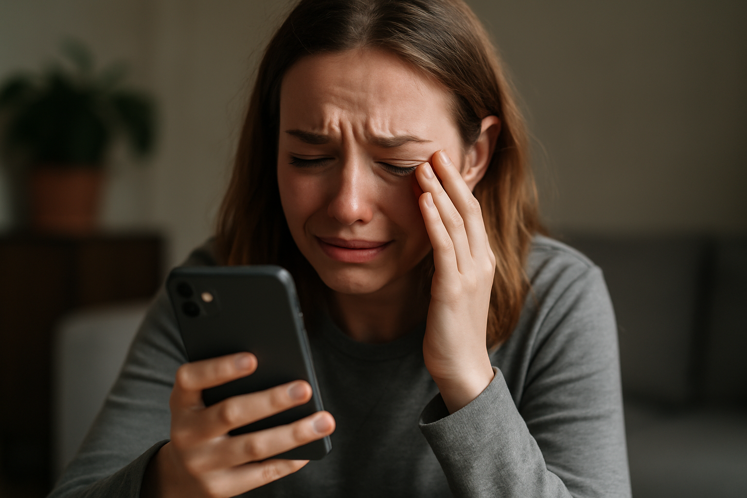 Junge Frau weint wegen Cybermobbing und Hass im Netz - Emotionales Bild zeigt die psychischen Folgen von Online-Hass und digitaler Gewalt für Opfer